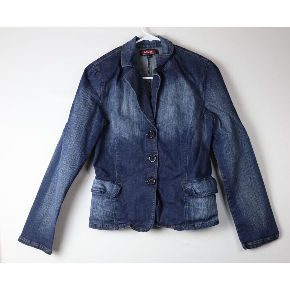 Angel American Brand Denim Jacket size Large Blue‎ Button Up w Pockets 16.5" PTP